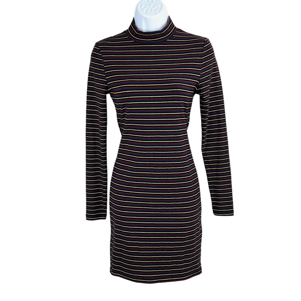 Topshop Ribbed Knit Sweater Dress NWOT 6 Mock Neck Maroon Black Striped Y2K